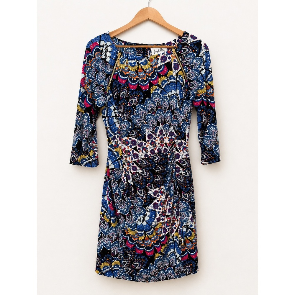 Joseph Ribkoff Mandala Paisley Studded Ruched Sheath Dress Size 12 Cocktail Chic